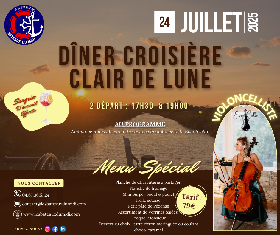 Croisière en péniche Dîner au Clair de Lune JUILLET 2025 AGENDA DU MOIS