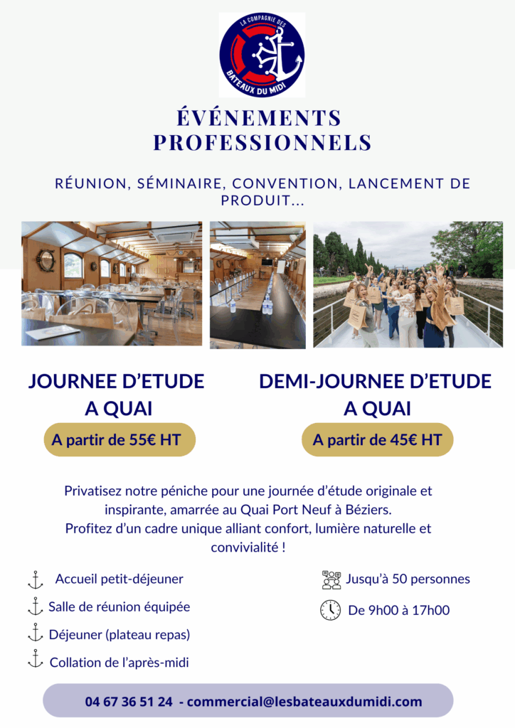 Toute l’année, embarquez vos amis, collègues, famille…sur le Canal du Midi. Dans ce cadre magnifique, nous mettons à votre service notre flexibilité et la qualité de nos prestations pour vos croisières en groupe. Vos événements avec Les Bateaux du Midi JE a quai